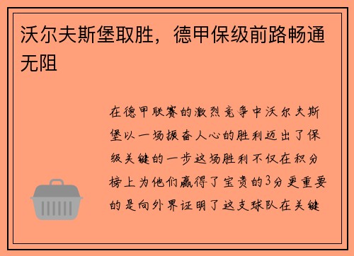 沃尔夫斯堡取胜，德甲保级前路畅通无阻
