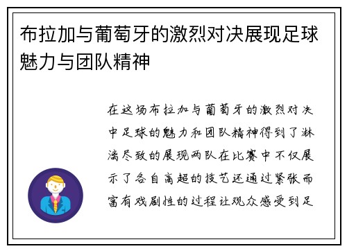 布拉加与葡萄牙的激烈对决展现足球魅力与团队精神