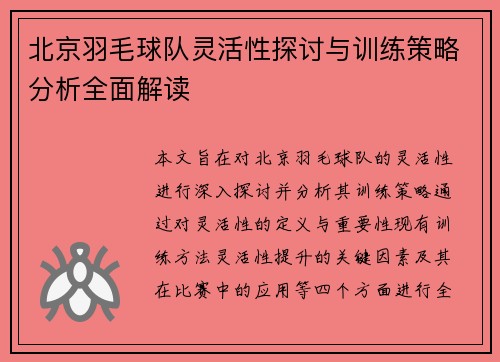 北京羽毛球队灵活性探讨与训练策略分析全面解读